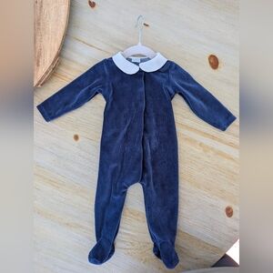 Navy Velour Footie With Peter Pan Collar